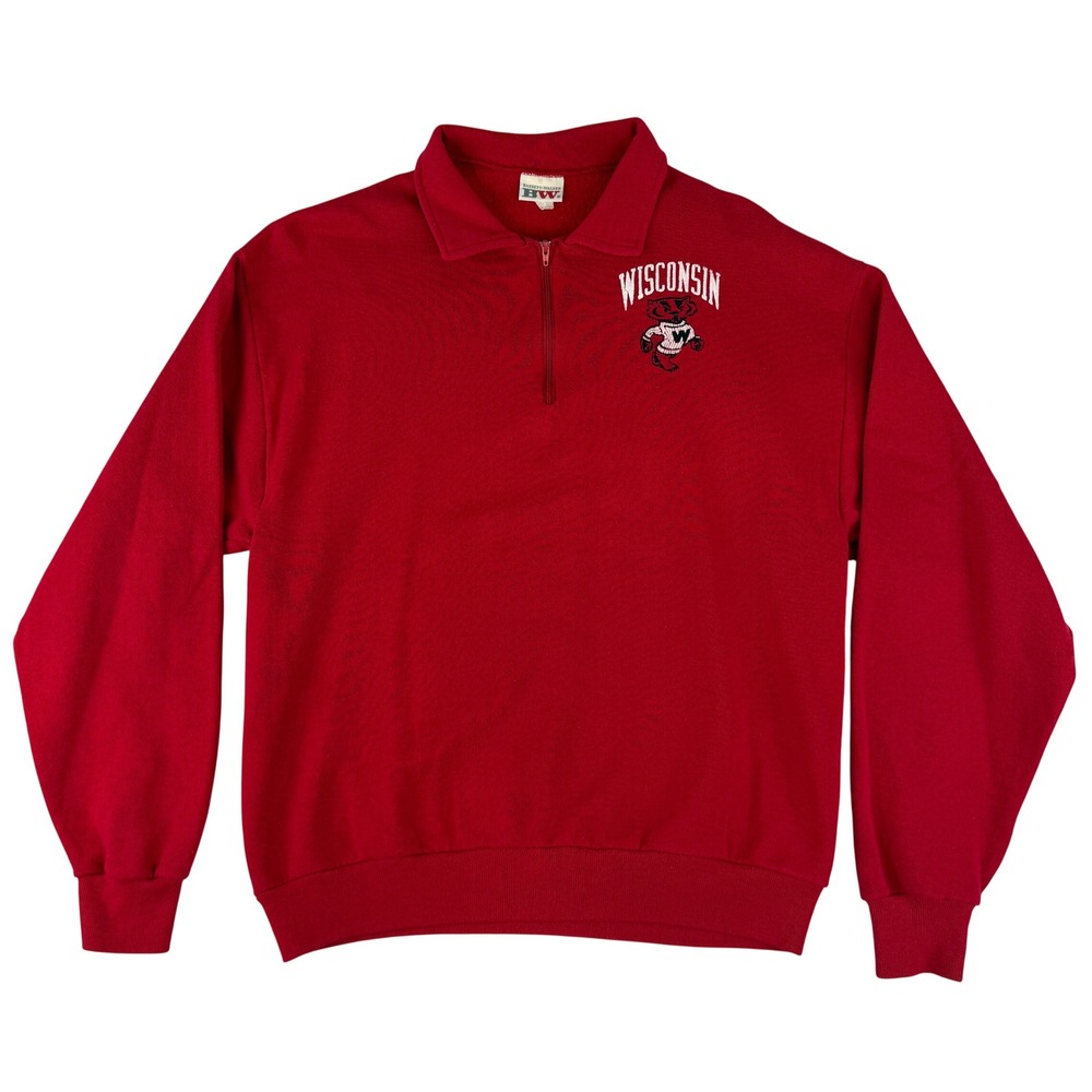 Bassett-Walker Sweatshirt Mens Large Red Wisconsin Badgers Vintage 1/4 Zip Bucky
